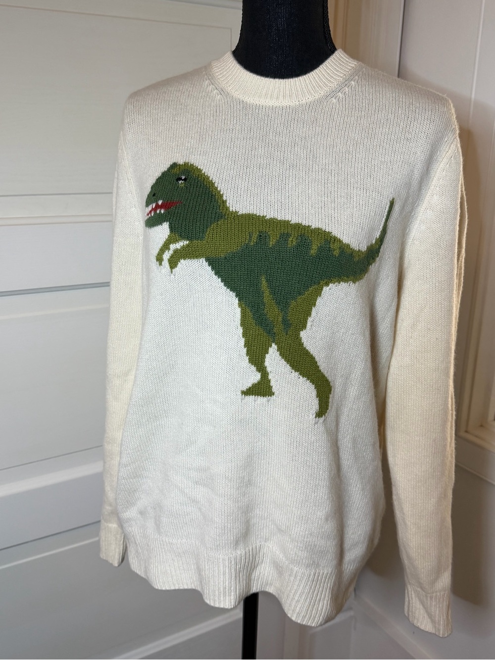 Coach Cream Crewneck Sweater with Green Dinosaur Motif